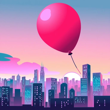 A single red balloon, glossy and round, is floating gently in the sky. Below it, a sprawling cityscape extends with a variety of tall buildings, some with glass facades reflecting the warm hues of the sunset. The sky is painted with vibrant shades of orange, pink, and purple as the sun dips below the horizon, casting long shadows across the city. The balloon appears to drift serenely, slightly swaying with the evening breeze, while the silhouettes of the skyscrapers create a dramatic contrast against the colorful sky.