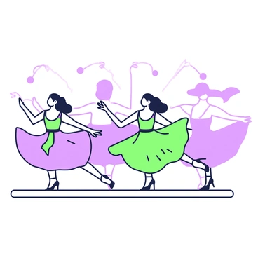 A group of dancers is performing on stage, their movements fluid and dynamic. The dancers are wearing vibrant costumes that swish and flow as they leap and twirl. The lighting creates dramatic contrasts, causing their shadows to stretch and distort against the backdrop. These shadows take on exaggerated shapes, resembling whimsical creatures and forms that appear to dance alongside the performers. The backdrop features a plain texture that enhances the visibility of the shadows, creating an engaging visual interplay between the real dancers and their shadow counterparts.