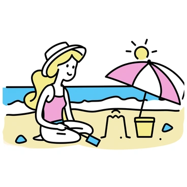 A Barbie doll with blonde hair is sitting on the warm sand at the beach. She is wearing a colorful swimsuit and a wide-brimmed sun hat. Next to her is a classic red and white retro beach umbrella providing shade. Barbie is focused on building a sandcastle, using a small yellow bucket and a blue shovel. In the background, gentle waves are lapping at the shore, and a few seashells are scattered nearby. The sun is shining brightly in the clear blue sky.