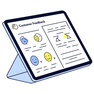 A digital tablet with a sleek black frame is propped upright on a light surface. The screen of the tablet displays multiple customer feedback forms, each filled with text. There are colorful happy face icons in a bright yellow color on some forms, indicating positive feedback. In contrast, there are sad face icons in a muted blue color on other forms, representing negative feedback. The overall layout appears organized with clear sections for each feedback entry.