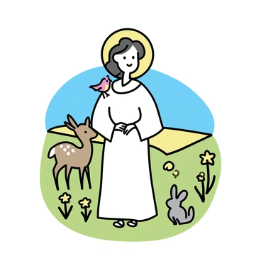A saint wearing a flowing white robe stands in a peaceful meadow. The saint has a gentle expression and a halo above their head. Around the saint, there are various animals: a brown deer with white spots, a small gray rabbit, and a colorful bird perched on the saint's shoulder. The meadow is filled with green grass and scattered wildflowers in shades of yellow and purple. In the background, there are soft hills under a clear blue sky.
