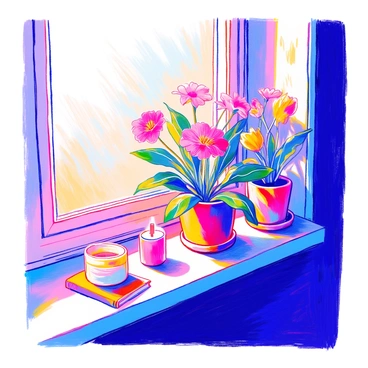 A stylish potted plant sits prominently on a modern windowsill. The pot is sleek and ceramic, featuring a glossy finish. The plant has vibrant green leaves, and is adorned with colorful flowers in shades of pink, yellow, and purple, each bloom in full display. Sunlight streams in through the window, casting gentle shadows on the surface below. A few small decorative items, like a minimalistic candle and a small book, are placed beside the plant, enhancing the contemporary aesthetic of the scene.