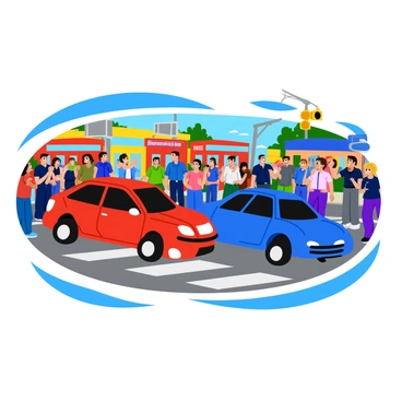 Two cars colliding at a busy intersection with people watching in shock.