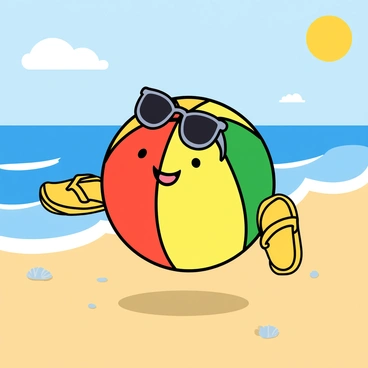 A colorful beach ball with a smiling face is bouncing along a sandy beach. The beach ball is wearing stylish sunglasses perched on its surface. It has a pair of bright yellow flip-flops attached to its sides, adding to its playful appearance. The beach stretches out in the background, with gentle waves lapping at the shore and a few seashells scattered in the sand. The sun shines brightly above, creating a cheerful atmosphere for the beach ball's adventure.