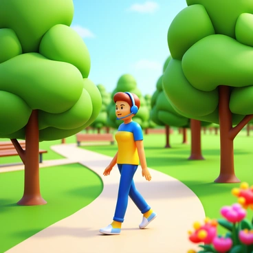 A figure walking in a park while listening to a podcast on their headphones, enjoying nature.