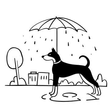 A doberman standing stoically under a large umbrella, with raindrops falling around it. The umbrella is tilted slightly to one side, sheltering the doberman from the rain. Wet pavement reflects the scene, and puddles are forming at the dog's feet. Surrounding the doberman, there are outlines of trees and distant buildings blurred by the rain.