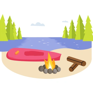 A bright red kayak resting on the sandy shore of a lake. The kayak is positioned near a campfire, with small flickering flames and glowing embers casting warm light. Surrounding the fire, there are several large stones arranged in a circle. In the background, tall green trees frame the lake, reflecting the clear blue sky and soft clouds. A few logs are placed nearby, providing seating for campers. The scene captures a tranquil moment at dusk, with the water gently rippling.