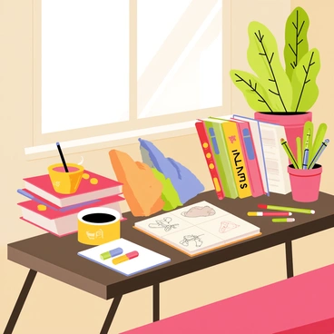 A coffee table in an illustration company, featuring a rectangular wooden surface with a rich dark finish. The table is covered with an assortment of colorful children's books with whimsical covers. There are art supplies such as pencils and markers scattered around, along with a small sketchpad open to reveal imaginative drawings. A steaming cup of coffee sits on one side of the table, alongside a vibrant potted plant. Sunlight filters through a nearby window, casting a warm glow over the scene, highlighting the creativity and inspiration in the space.