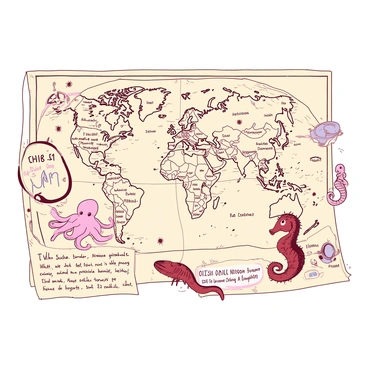 An aged, textured map features intricate, faded outlines of continents and coastlines. Scattered across the map are handwritten notes in elegant script, detailing voyages and discoveries. Illustrations of various sea creatures, such as a pink octopus and a red seahorse, are drawn in the margins, showcasing their delicate features. Nautical symbols and compasses are incorporated into the map's design, adding to its historical charm. The overall composition conveys a sense of exploration and adventure across the seas.
