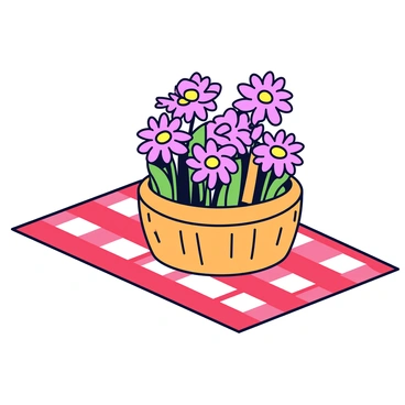A round woven basket made from natural fibers sits on a red and white checkered picnic blanket. The basket is filled with several freshly picked echinacea flowers, showcasing their vibrant pink petals and central cone-shaped seed heads. The picnic blanket is spread out evenly, creating a comfortable setting for a relaxing outdoor moment.