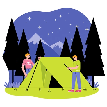 Two brothers are positioned in a forest clearing as they set up a green camping tent. The tent is partially erected, with one brother holding a pole while the other secures the ground stakes. Surrounding them are tall trees with dark green foliage, and a carpet of soft grass underfoot. The sky above is filled with twinkling stars, shining brightly against a deep navy blue backdrop. A faint silhouette of a mountain range can be seen in the distance, adding depth to the scene.