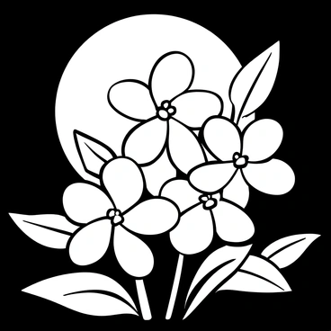 A cluster of jasmine flowers with delicate petals arranged closely together, their forms distinctly visible. The flowers are set against a background of a softly illuminated moon, casting gentle shadows and highlighting the intricate details of the petals. Surrounding the jasmine, there are subtle outlines of leaves that add texture to the composition. The scene is peaceful, with a serene atmosphere created by the interplay of light and shadow in the night.