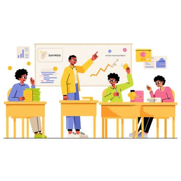 A classroom scene featuring several children sitting at wooden desks. The kids are actively engaged in learning about savings and money management. One child, with curly black hair, raises their hand enthusiastically, while another child, wearing glasses, writes notes in a colorful notebook. A teacher stands at the front of the room, pointing at a whiteboard that displays the words "Savings" and "Money Management" in bold letters. Around the classroom, various charts and posters illustrate coins, piggy banks, and budgeting concepts. A stack of play money is placed on one of the desks, adding to the educational atmosphere.