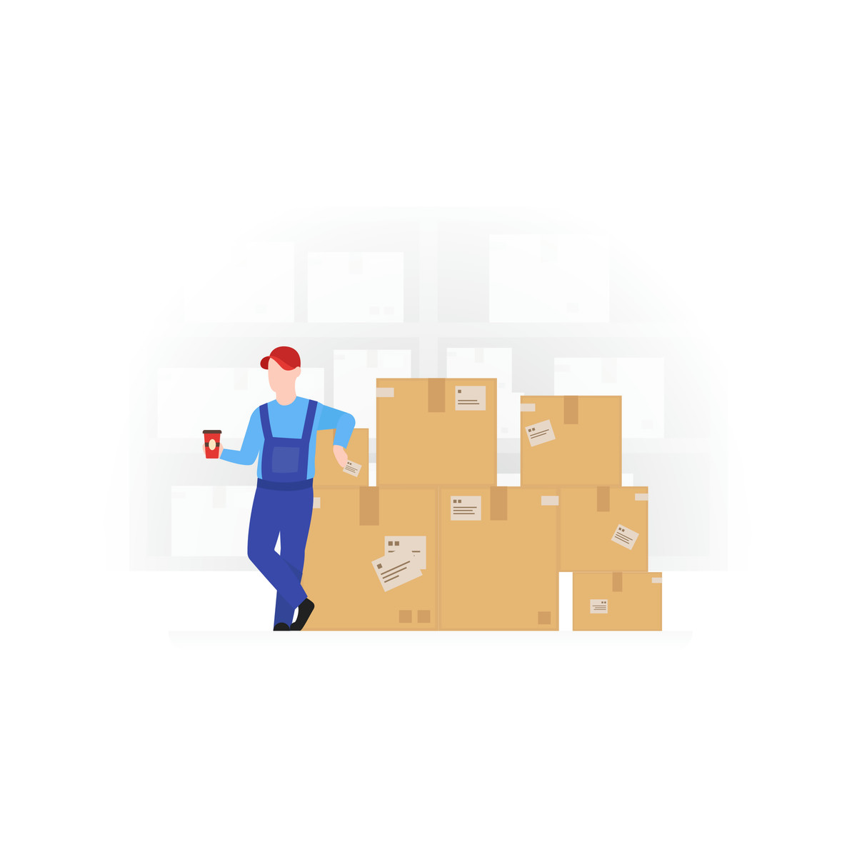 Courier standing next to a pile of boxes illustration in Fogg style download in PNG, SVG