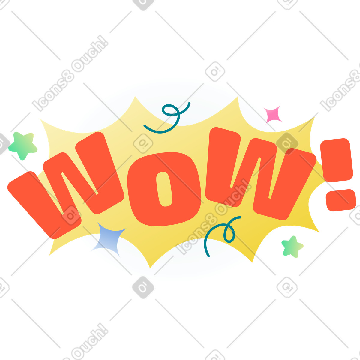 Bold wow letters with stars and confetti, Excitement surprise illustration in Beam style download in PNG, SVG