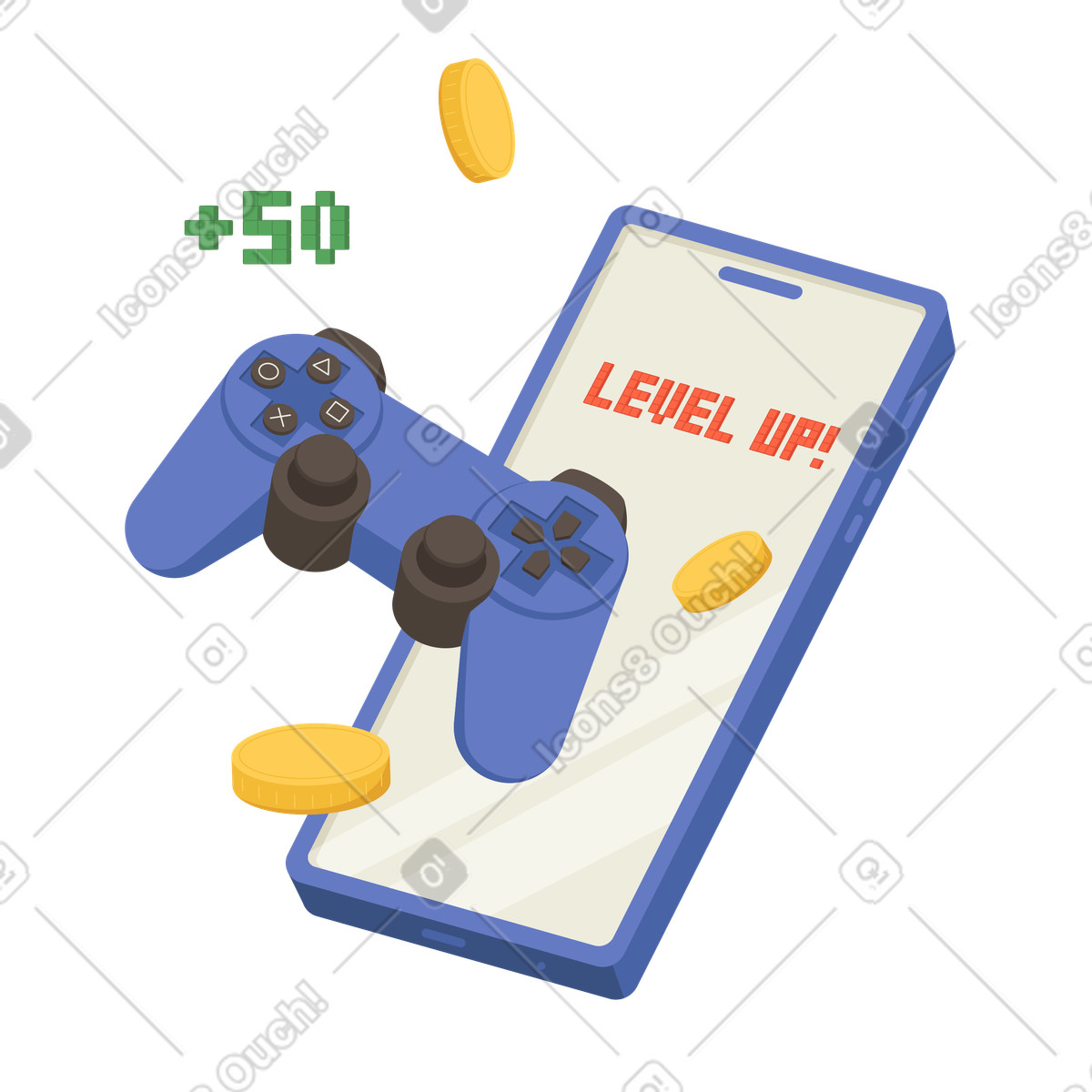 Ilustración animada Teléfono y joystick con texto level up en estilo Social a descargar en GIF, Lottie (JSON), AE