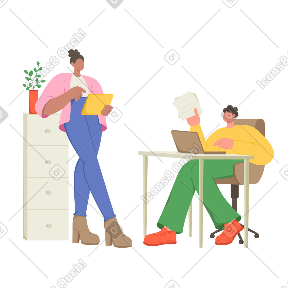 Mitarbeiterteam bespricht das projekt-Illustration im Social-Stil als Download in PNG, SVG