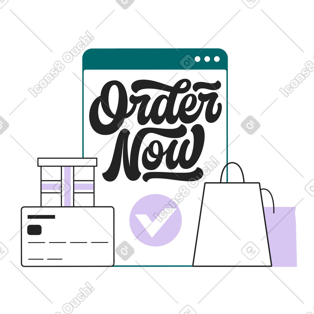 Lettering Order Now with browser and shopping bags text illustration in Sammy Line style download in PNG, SVG