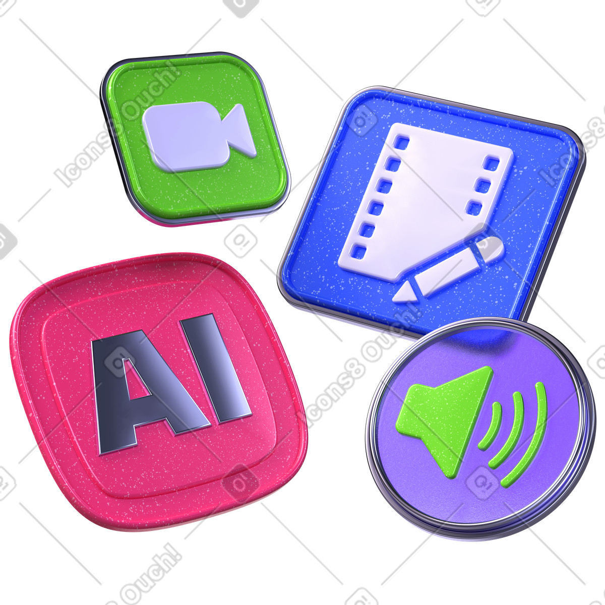 Ilustración Herramientas multimedia de ia, iconos edición vídeo y audio, flujo trabajo contenido creativo en estilo 3D Boost a descargar en PNG SVG
