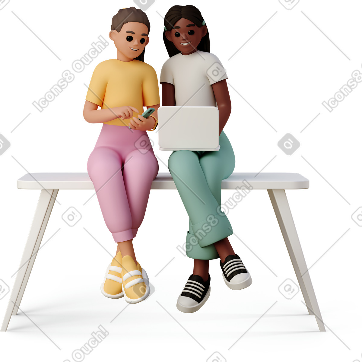 3D Casual life 스타일의 Young women sitting with gadgets on the table 일러스트레이션 PNG, SVG 다운로드