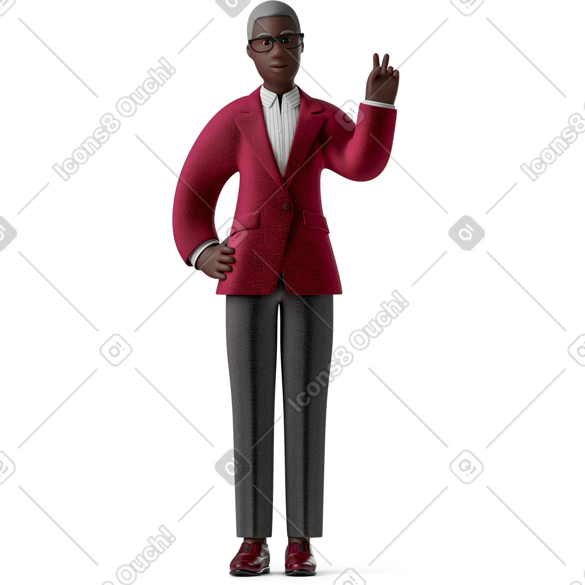 Illustration Vieille femme d'affaires noire à lunettes et costume avec signe de paix dans le style 3D Business télécharger aux formats PNG, SVG
