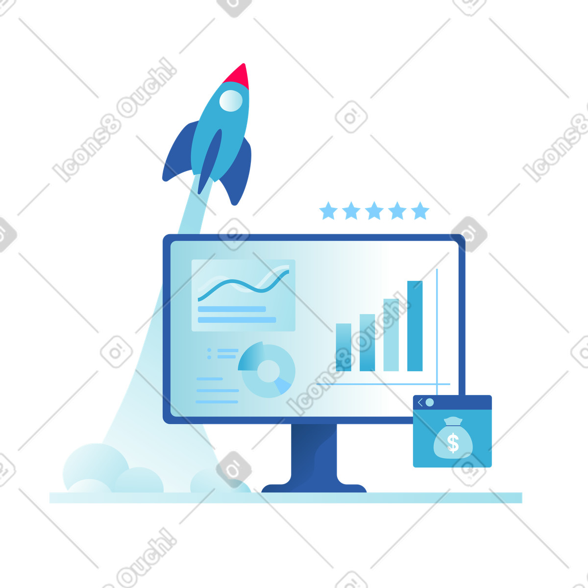 Daily 스타일의 Startup dashboard with metrics on screen 일러스트레이션 PNG, SVG 다운로드