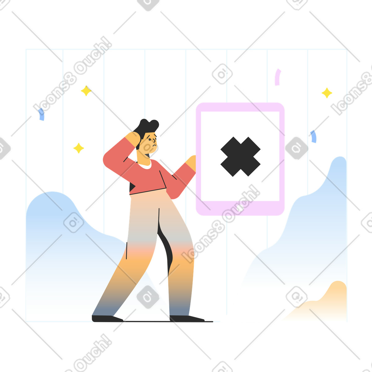 Illustration Confused user with tablet displaying error, Internet connection issue or no dans le style Marginalia à télécharger aux formats PNG, SVG