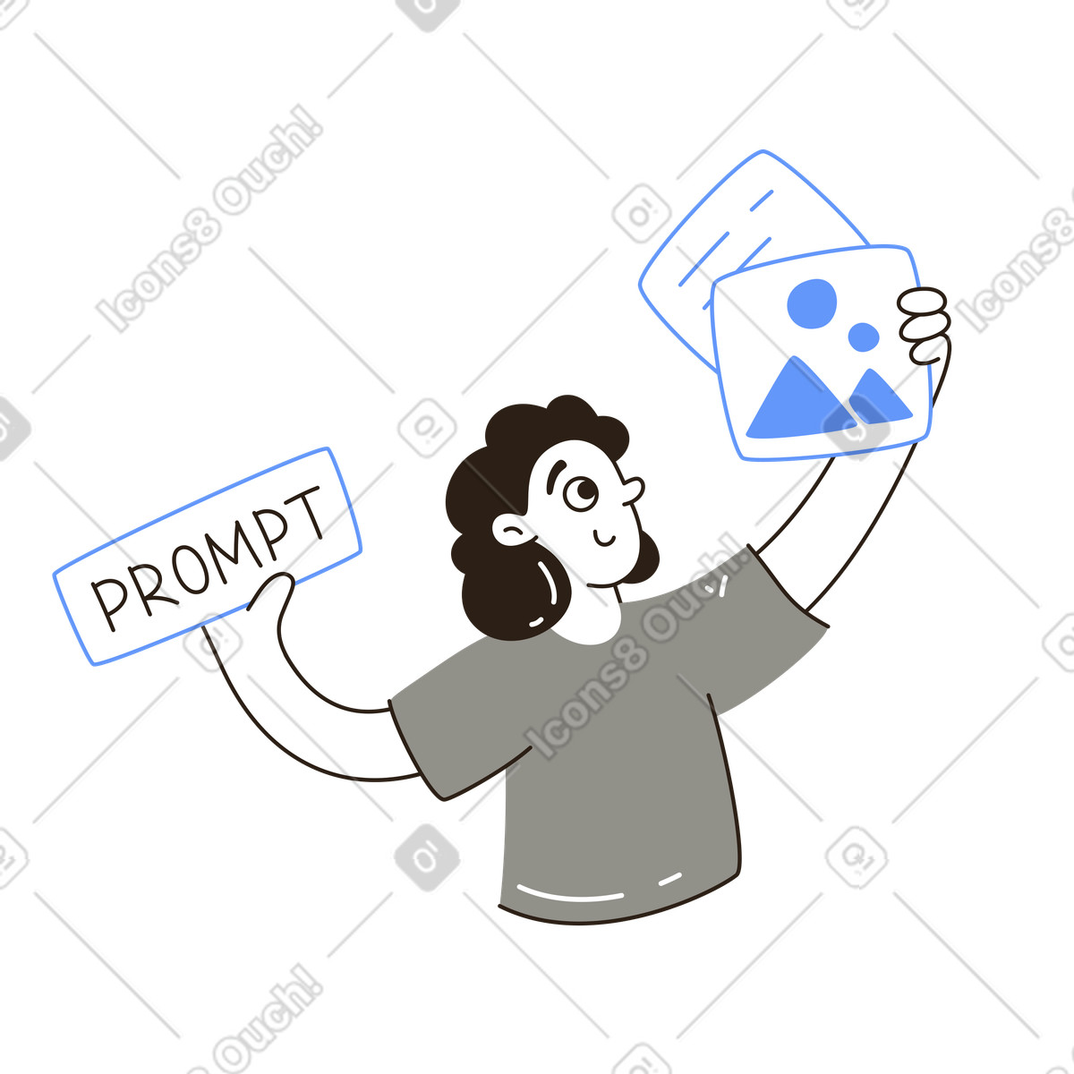 Ilustración animada de Persona sosteniendo una tarjeta con un mensaje y una imagen. concepto de generación de texto a imagen. en GIF, Lottie (JSON), AE