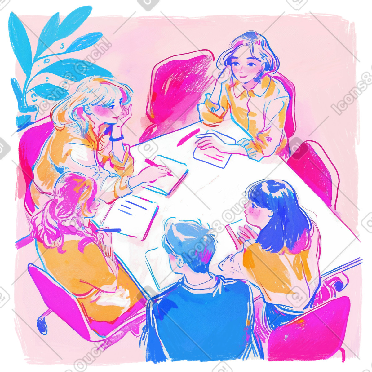Illustration de réunion travail d'équipe, séance brainstorming créatif, dessin collaboration bureau dans le style Fuchsia à télécharger aux formats PNG, SVG