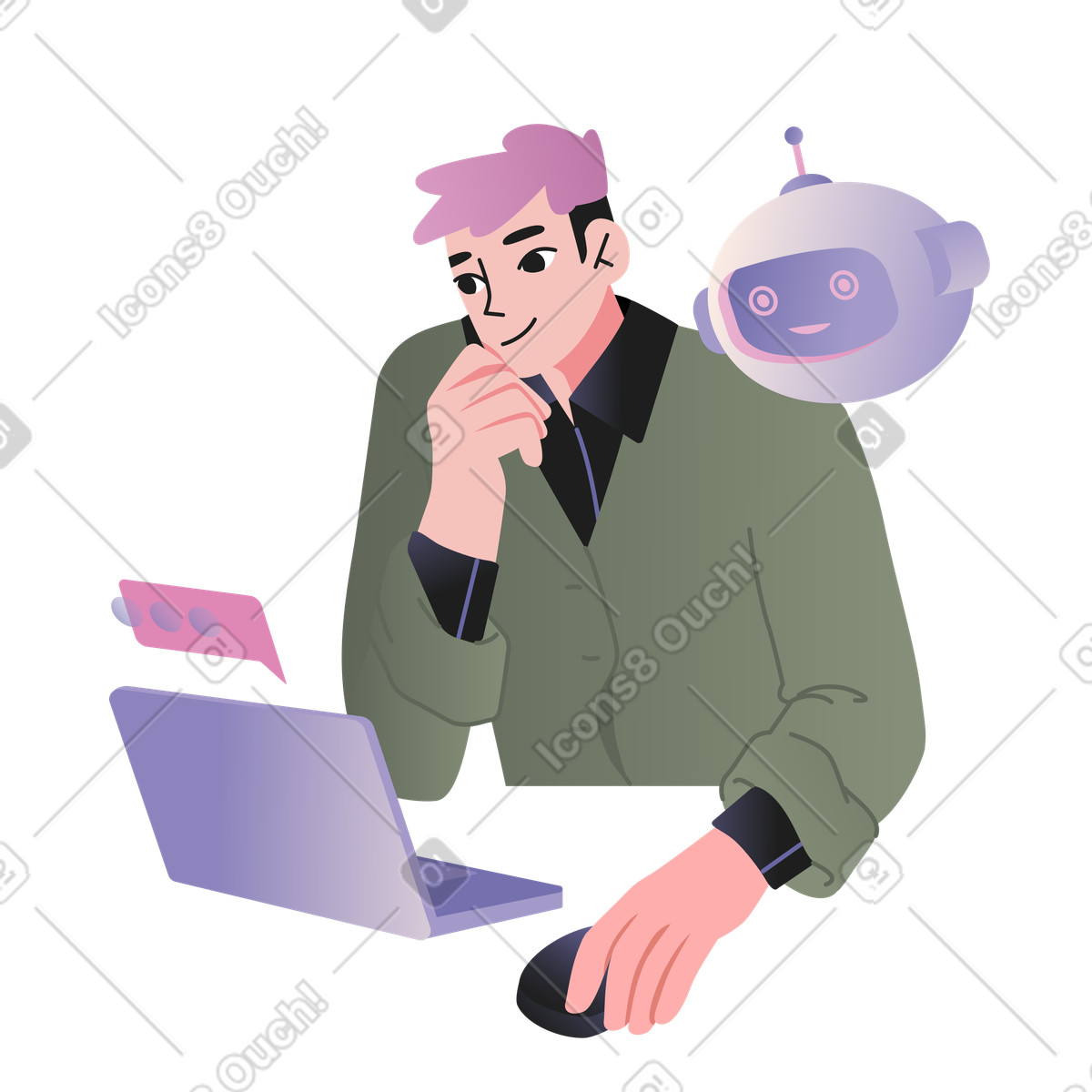 User interacting with friendly robot assistant, AI chatbot in online customer support illustration Coworking style download PNG, SVG
