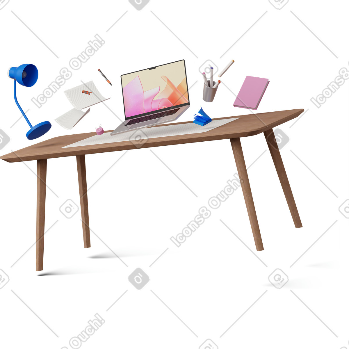 Levitating desk illustration with laptop and documents clipart for workspace GIF