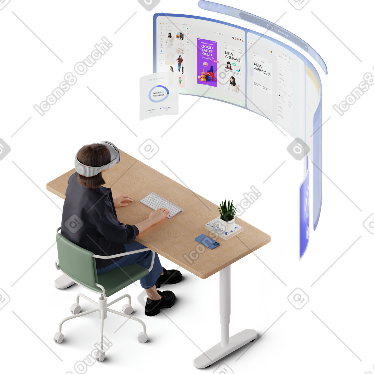 3D Hygge 스타일의 Isometric view of young woman working in vr headset 일러스트레이션 PNG, SVG 다운로드