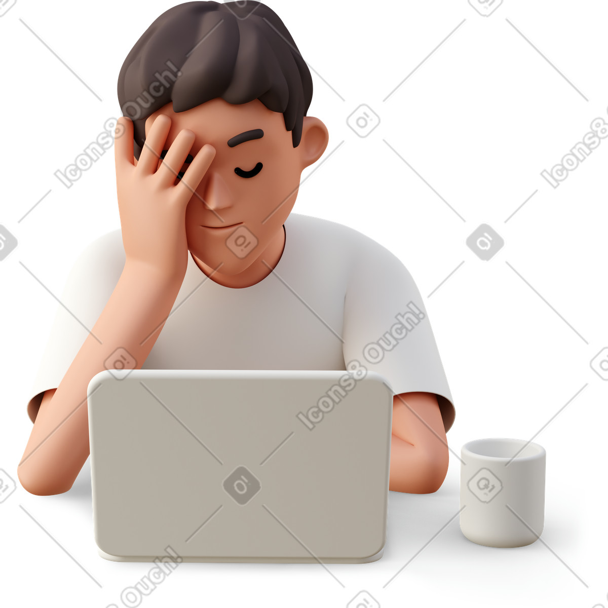 Young man with closed eyes illustration working on a laptop clipart graphic