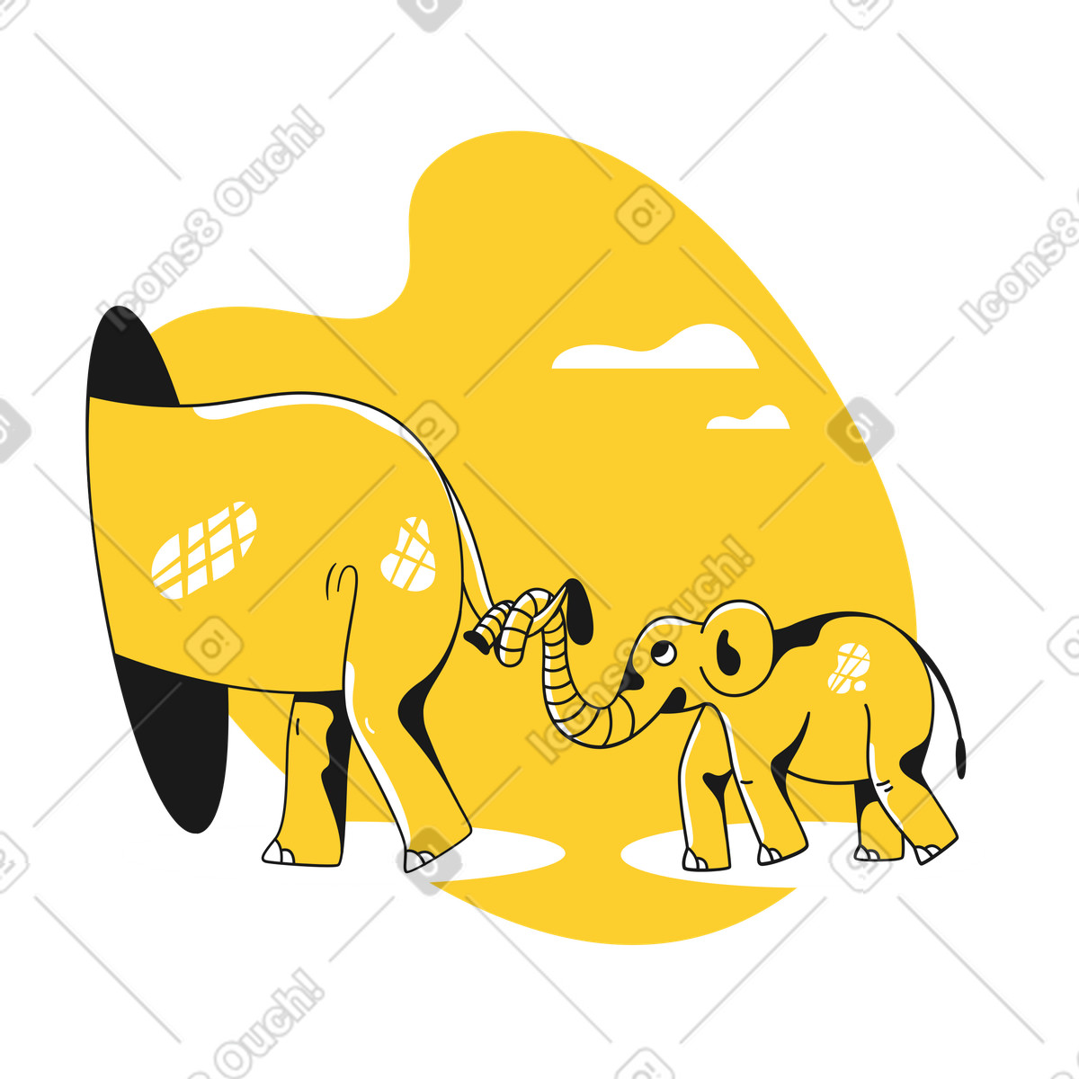 Elephant family walking holding tail, Parental care and guidance concept illustration in Taxi style download in PNG, SVG