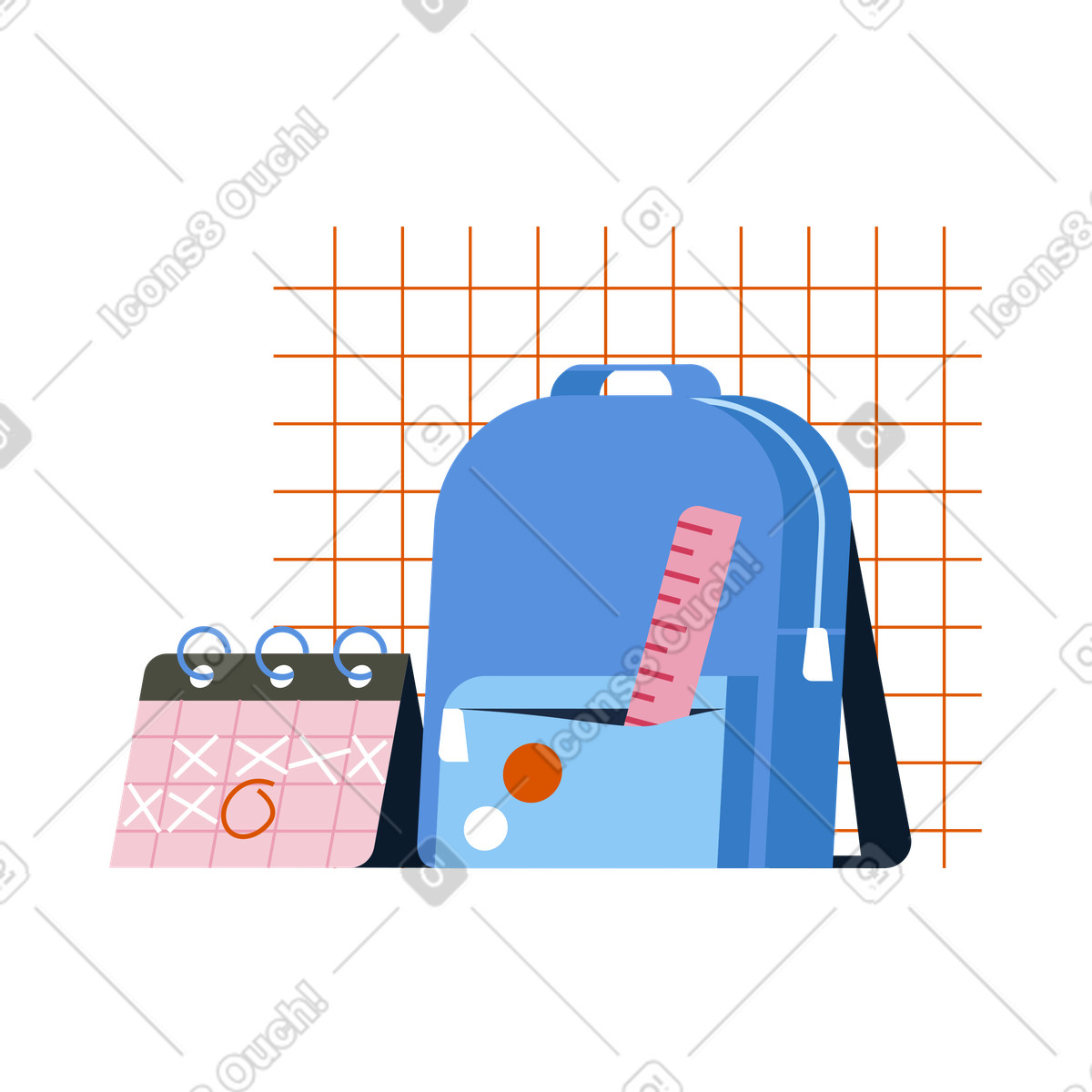 School items: backpack, calendar, ruler illustration in Vector style download in PNG, SVG