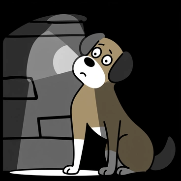 A medium-sized dog with short brown fur is squinting nervously at a bright flashlight beam. The dog's ears are perked up, and its eyes are wide open, reflecting the intense light. The scene takes place in a dark basement, with shadows casting off the stone walls. The flashlight beam creates a stark contrast to the surrounding darkness, illuminating the dog's face and part of the ground while leaving the rest of the basement shrouded in shadows.