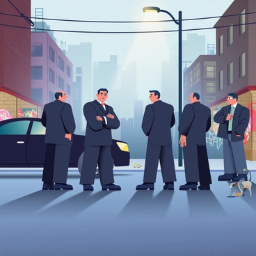 Two rival mafia gangs are facing off in a tense standoff on a deserted street at dusk. On the left side, a group of four men in dark suits is standing with their arms crossed, displaying confident expressions. They are surrounded by a black luxury sedan parked at the curb. Each man has distinct features, including one with slicked-back hair and another with a tattoo visible on his forearm. 

On the right side, another group of three men is gathered, wearing leather jackets and who appear ready for confrontation. The street is dimly lit by a single flickering streetlight casting long shadows. Graffiti is visible on the brick walls nearby, and a stray cat scurries away from the scene. In the background, the outlines of rundown buildings loom, creating an atmosphere of tension and anticipation.