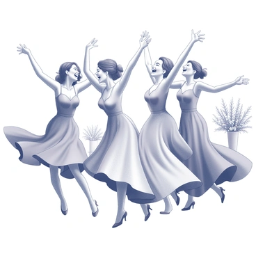 A group of bridesmaids dancing together at a wedding celebration. They are wearing matching dresses and showing expressions of joy and excitement. Each bridesmaid has her arms raised, laughing and enjoying the moment. The scene captures the movement of their flowing dresses as they twirl and sway to the music. In the background, decorative elements such as floral arrangements and twinkling lights are visible, adding to the festive atmosphere.