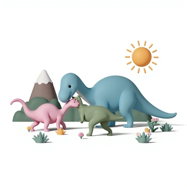 A group of friendly dinosaurs, including a large blue Brachiosaurus, a small green Triceratops, and a vibrant pink Velociraptor, are playing together in a sunny prehistoric landscape. The Brachiosaurus is bending down to nuzzle the Triceratops, who is playfully butting its head against the larger dinosaur's leg. The Velociraptor is running around them in circles, its tail held high, while the sun shines brightly overhead, casting warm light across the lush, green vegetation and a few colorful flowers scattered around the scene. A distant volcano can be seen in the background, completing the prehistoric setting.