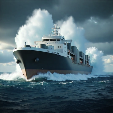 A large bunker barge with a sturdy, industrial design is positioned amidst tumultuous stormy seas. The barge has a dark hull and is equipped with large tanks visible on its deck. Towering dramatic waves crash against the sides of the vessel, sending sprays of white foam into the air. Dark, ominous clouds fill the sky, adding to the intensity of the scene. The wind whips through, creating ripples on the ocean surface, while the barge maintains its course through the challenging waters. The powerful movement of the waves emphasizes the barge's resilience and strength.