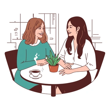 Two women are sitting at a small round table in a cozy cafe, engaged in a meaningful conversation. One woman has shoulder-length brown hair and is wearing a teal sweater, while the other has long black hair and is dressed in a white blouse. Each woman has a steaming cup of coffee in front of her, with delicate white saucers underneath. The cafe has warm wooden accents and soft lighting, creating an inviting atmosphere. A small potted plant is placed on the table between them, adding a touch of greenery to the scene. The women are smiling, leaning slightly toward each other, indicating the depth of their exchange.
