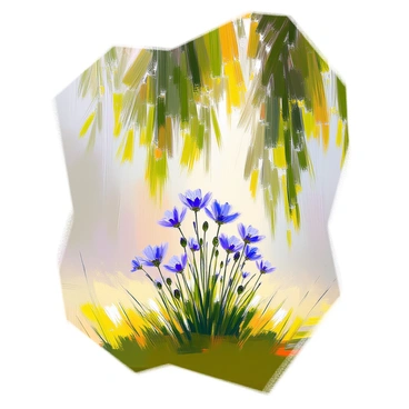A cluster of vibrant cornflowers with deep blue petals is growing in a lush patch of grass beneath the sweeping branches of a large willow tree. The willow tree has long, drooping branches filled with delicate green leaves that create a soft curtain effect, providing shade to the flowers below. Sunlight filters through the leaves, casting gentle patterns of light and shadow on the ground. The cornflowers stand tall, their bright color contrasting beautifully with the greenery around them.