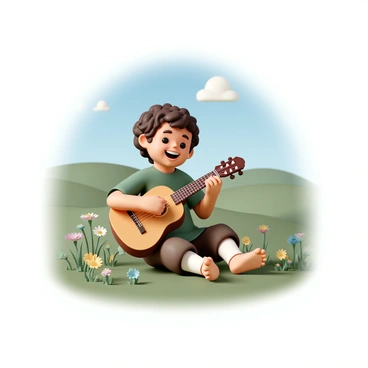 A small hobbit with curly brown hair, wearing a green tunic and brown trousers, sits on a grassy hilltop bathed in sunlight. He holds a beautifully crafted lute, strumming it with a cheerful expression on his face. Around him, wildflowers bloom in various colors, and a bright blue sky stretches overhead. The hobbit smiles widely, his feet bare as he taps them to the rhythm of the music. In the background, rolling green hills create a scenic landscape, adding to the joyful atmosphere of the scene.