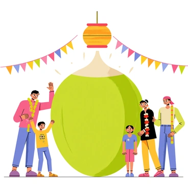 A large, green coconut is positioned in the center of a colorful outdoor setting. Surrounding the coconut, there are several joyful figures, dressed in traditional attire, eagerly preparing for the ceremonial breaking. The figures include both adults and children, all smiling and animated, reflecting the festive atmosphere of the "dahi handi" celebration. Colorful garlands and decorations adorn the scene, while a vibrant clay pot hangs above, symbolizing the "dahi handi" tradition. Bright banners and flags flutter in the background, completing the lively scene.