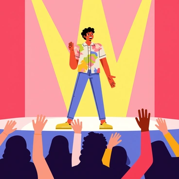 A comedian with curly hair wearing a colorful shirt is standing on a brightly lit stage. He is bowing with a big smile on his face, showing appreciation to the audience. The crowd is visible in the foreground, with hands raised, applauding enthusiastically. Bright spotlights are shining down on the comedian, creating a warm atmosphere. In the background, a red curtain adds depth to the scene, contrasting against the vibrant stage lights.
