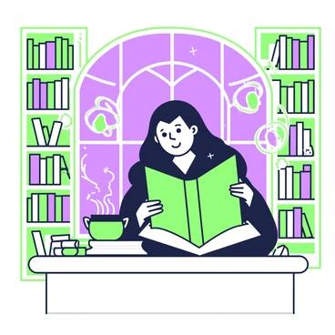 A witch with long flowing hair is sitting at a wooden table in a cozy library. She is wearing a dark cloak and is intently reading a large spellbook that is open in front of her. Surrounding her, the library is filled with tall bookshelves packed with various books. Floating candles emit a soft glow, illuminating the space and casting gentle shadows. A large window behind her reveals a starry night sky, adding to the enchanting atmosphere. On the table, beside the spellbook, there is a small cauldron with wisps of smoke rising from it.