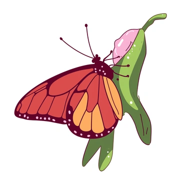 A close-up view of a butterfly with vibrant wings in shades of red and orange is emerging from a delicate, translucent cocoon. The cocoon is attached to a green leaf, and small droplets of water can be seen on the surface of the wings. The butterfly's wings are still slightly crumpled, showcasing intricate patterns that hint at its full beauty. The background is softly blurred, highlighting the butterfly's struggle as it begins its transformation into the open air.