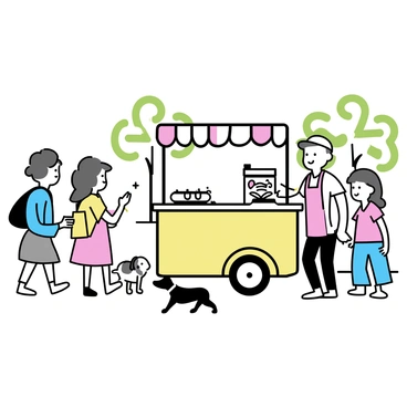 A street vendor serving hotdogs from a classic food cart in a busy park