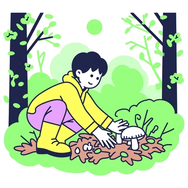 A child is crouching in a dense forest, surrounded by tall trees and lush undergrowth. The child is wearing a yellow raincoat and rubber boots, with their hair slightly tousled. They are reaching out with both hands to carefully uncover shiitake mushrooms nestled among a bed of fallen leaves. The leaves are a mix of browns and greens, creating a natural carpet around the mushrooms. Sunlight filters through the tree canopy, casting dappled shadows on the ground. The child's expression is one of curiosity and wonder as they engage with the forest environment.