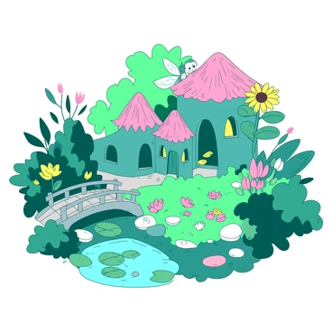 A teal tiny fairy village is nestled among vibrant green foliage in a garden. The houses are creatively constructed from various flowers, with petals forming the walls and roofs, exhibiting shades of pink and yellow. Delicate pathways made of smooth stones wind between the flower houses. In the foreground, a small teal fairy with translucent wings is peeking out from behind a bright yellow sunflower, observing her surroundings. Nearby, a tiny wooden bridge arches over a small pond filled with lily pads and colorful flowers. The scene is filled with lush greenery and the soft glow of sunlight filtering through the leaves.